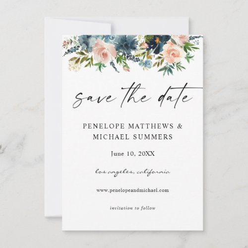 Navy D Blue  Pink Floral Save the Date Photo V2