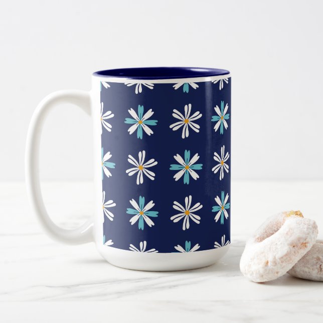 Navy Daisy Bliss Floral Pattern Two-Tone Coffee Mug (With Donut)