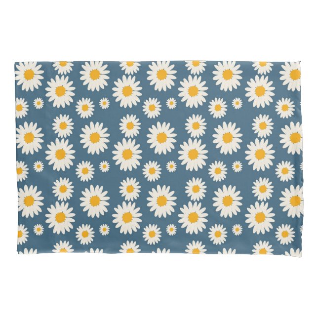 Navy Daisy Floral Bohemian Botanical Pattern Pillow Case (Front)