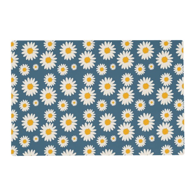 Navy Daisy Floral Bohemian Botanical Pattern Placemat (Front)