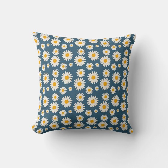 Navy Daisy Floral Bohemian Botanical Pattern Throw Pillow (Front)