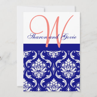 Navy Damask Coral Monogram Wedding Invitation