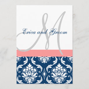 Navy Damask Coral Monogram Wedding Invitations