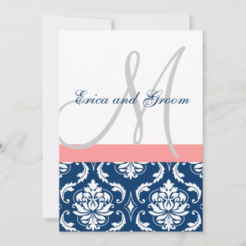Navy Damask Coral Monogram Wedding Invitations