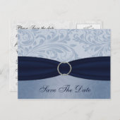 Navy  damask FAUX ribbon diamante buckle Wedding Announcement Postcard (Front/Back)