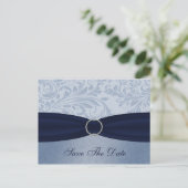 Navy  damask FAUX ribbon diamante buckle Wedding Announcement Postcard (Standing Front)