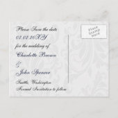 Navy  damask FAUX ribbon diamante buckle Wedding Announcement Postcard (Back)