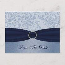 Navy  damask FAUX ribbon diamante buckle Wedding Announcement Postcard