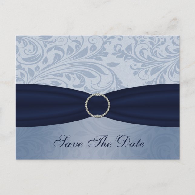 Navy  damask FAUX ribbon diamante buckle Wedding Announcement Postcard (Front)