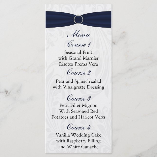 Navy  damask FAUX ribbon diamante buckle Wedding Menu (Front)
