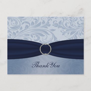 Navy  damask FAUX ribbon diamante buckle Wedding Postcard