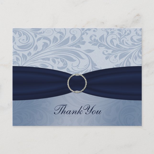 Navy  damask FAUX ribbon diamante buckle Wedding Postcard (Front)