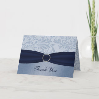 Navy  damask FAUX ribbon diamante buckle Wedding Thank You Card