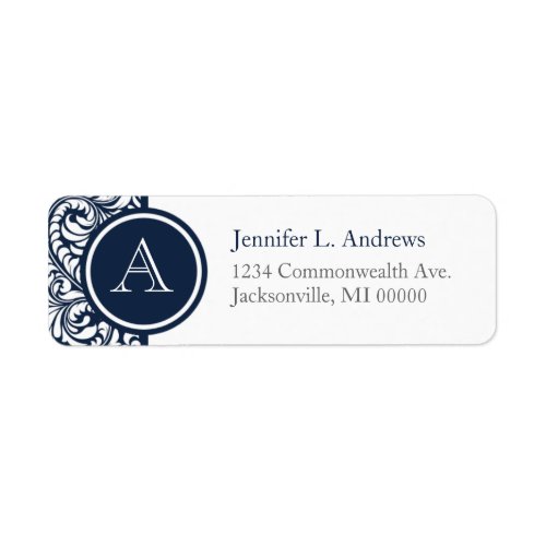 Navy Damask Monogram Address Return Labels