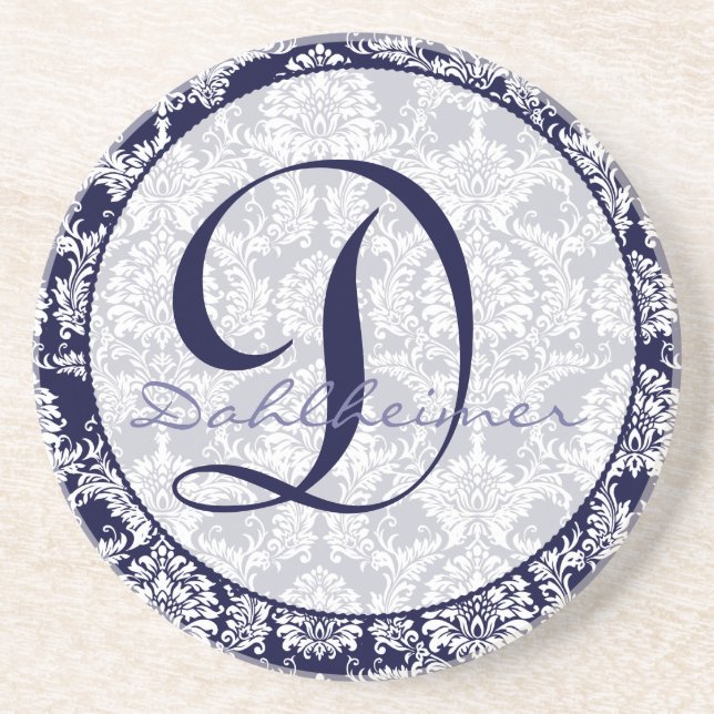 Navy Damask Monogram Wedding Anniversary Coaster (Front)