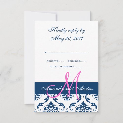 Navy Damask Monogram Wedding RSVP Card