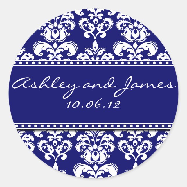 Navy Damask Names and Date Wedding Stickers (Front)