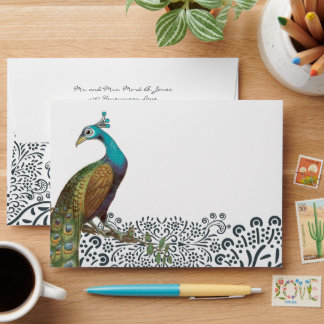 Navy Damask Peacock Wedding Envelopes