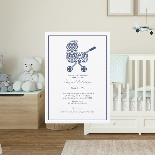 Navy Damask Pram Baby Shower Invitation (Creator Uploaded)