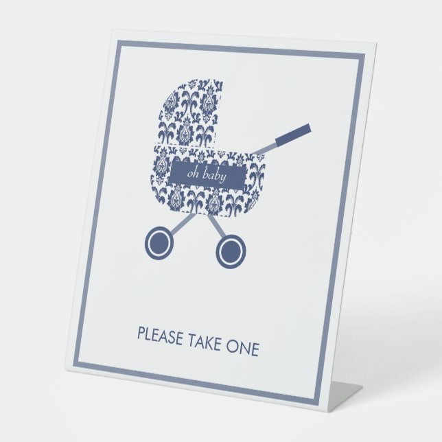  Navy Damask Pram Please Take One Baby Shower Pedestal Sign (Front)
