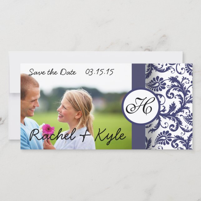 Navy Damask Save the Date (Front)