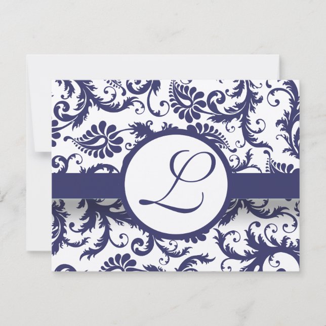 Navy Damask Swirls Wedding Invitation (Front)