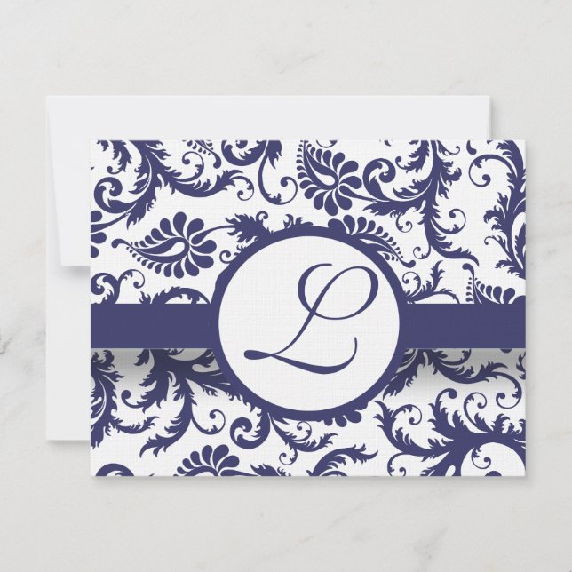 Navy Damask Swirls Wedding Invitation (Front)