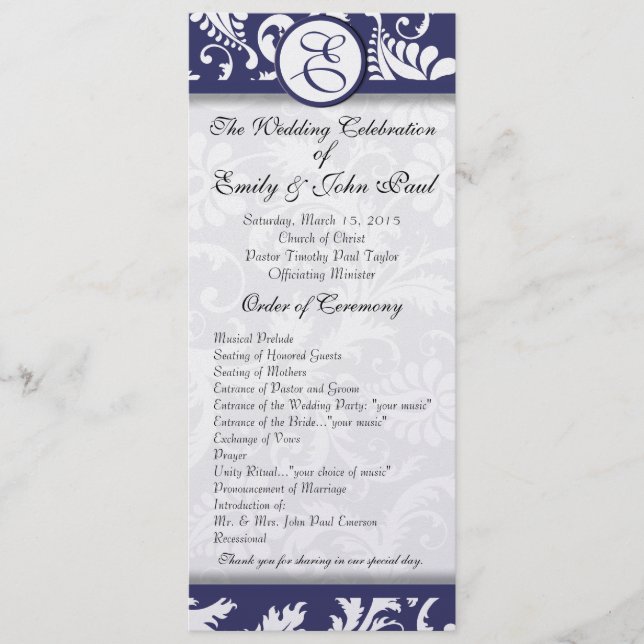 Navy Damask Swirls Wedding Program (Front)