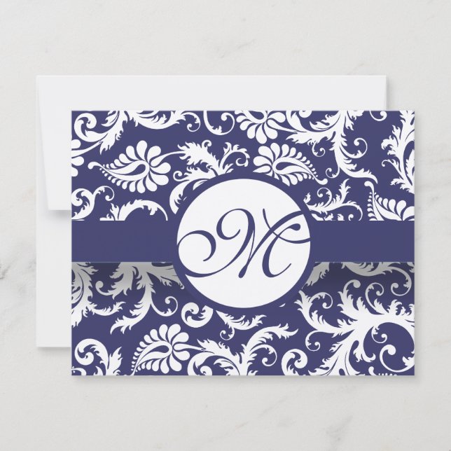 Navy Damask Swirls Wedding Response Card RSVP (Front)