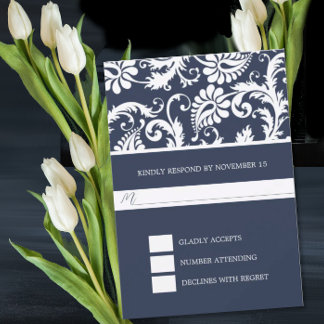 Navy Damask Swirls Wedding Response Card RSVP