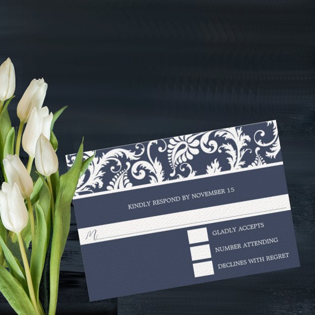 Navy Damask Swirls Wedding Response Card RSVP (Creator Uploaded)