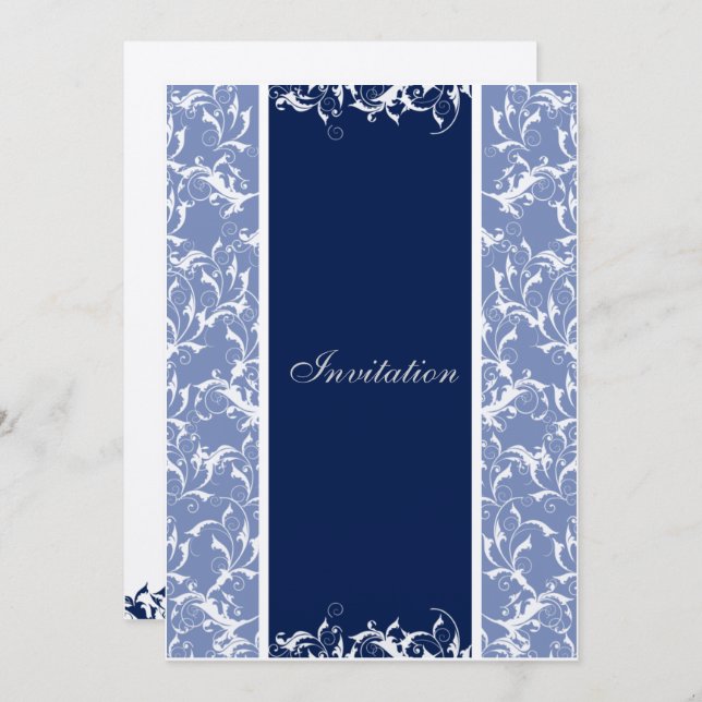 navy Damask  wedding invitation (Front/Back)