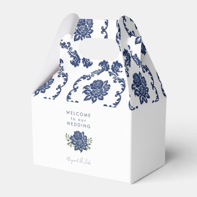 Navy Damask Wedding Welcome Favor Box (Front Side)