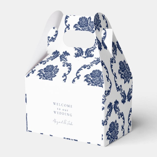 Navy Damask Wedding Welcome Favor Box (Front Side)