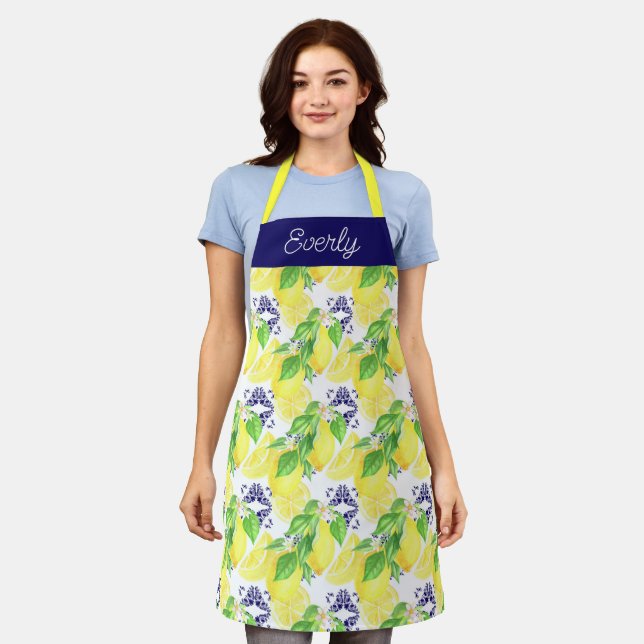 Navy Damask with Yellow Lemons Pattern Apron (Worn)