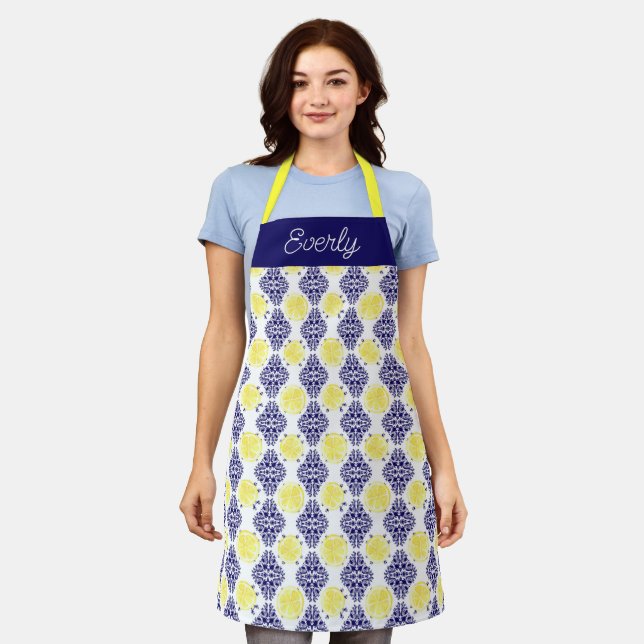 Navy Damask with Yellow Lemons Pattern Apron (Worn)