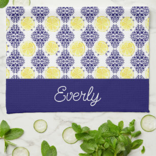 Navy Damask with Yellow Lemons Pattern Kitchen Towel