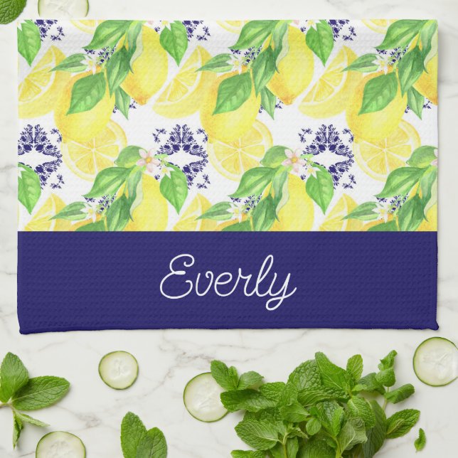 Navy Damask with Yellow Lemons Pattern Kitchen Towel (Folded)