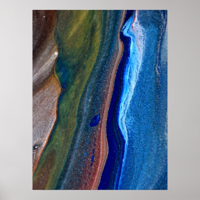 Navy Dark Blue Abstract Stripes Metallic Fluid art Poster (Front)