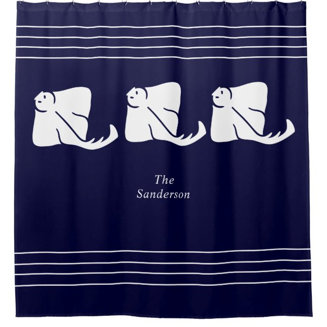 Navy Dark Blue Coastal Nautical Stingray Manta Ray Shower Curtain (Front)