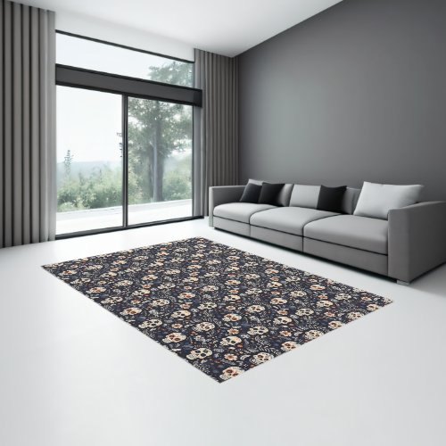 Navy Dark Blue Floral Skull Modern SeamlessPattern Rug