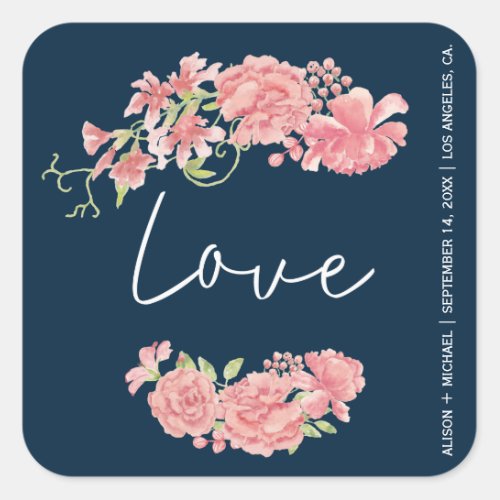 Navy dark blue pink peonies wedding  love script square sticker
