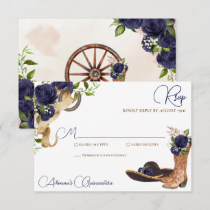 Navy Dark Blue Rose Charro Western Quinceanera RSVP Card