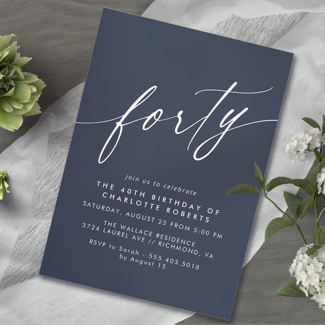 Navy Dark Blue | Simple Elegant 40th Birthday Invitation (Creator Uploaded)