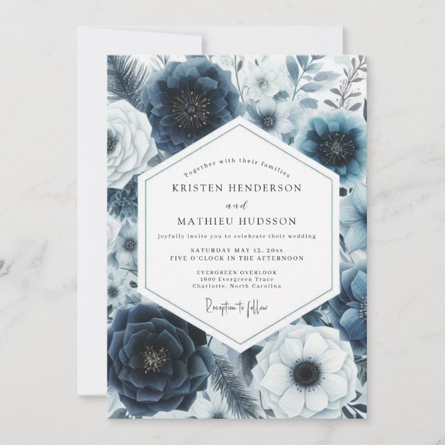 Navy Deep Floral Romance Wedding Invitation (Front)