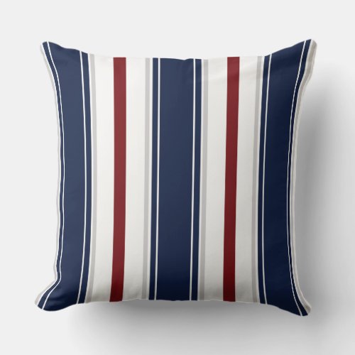 Navy Deep Red Gray White Vertical Stripes   Throw Pillow