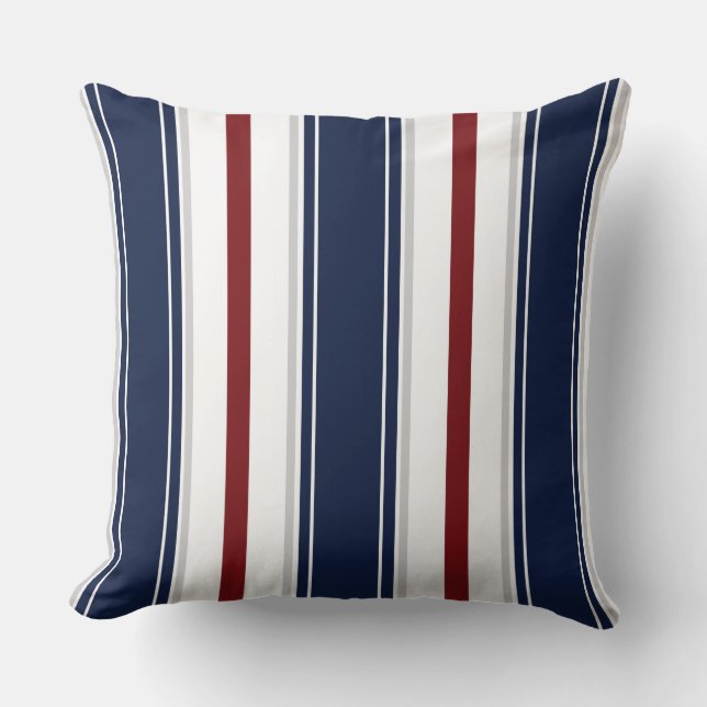 Navy Deep Red Gray White Vertical Stripes  | Throw Pillow (Front)
