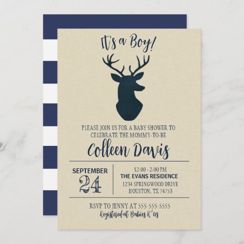 Navy Deer Baby Shower Invitation