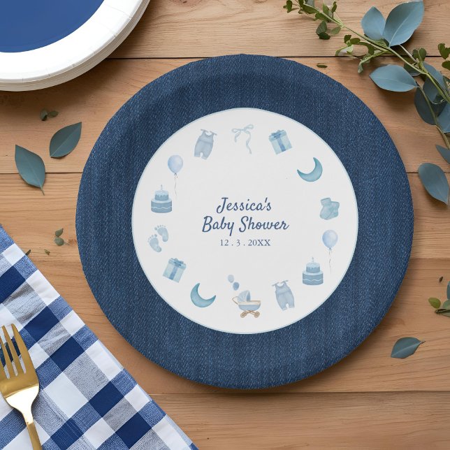 Navy Denim Blue Jean Baby Shower  Paper Plates (Creator Uploaded)