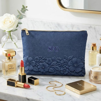 Navy Denim Floral Monogram Design Accessory Pouch